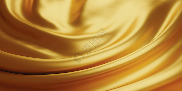 黄色丝绸彩带金色奢华面料背景 3d rende金属金子纺织品反射海浪渲染布料曲线插图材料背景