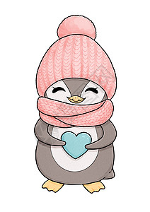 企鹅手绘穿粉红色帽子和围巾的可爱小企鹅背景