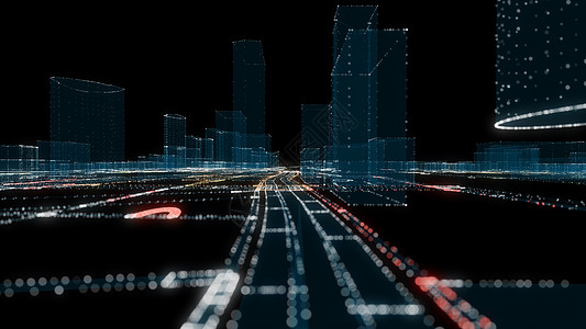 未来的智能数字城市 智能城市和技术商业概念 三蓝色网络流量全息3d高科技建筑景观展示显示器图片
