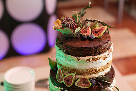 美味巧克力蛋糕 有果果和果子 婚礼上裸着蛋糕 水果以生菜风格图片