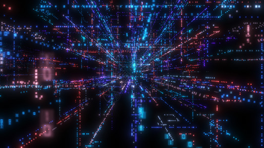 飞入数字技术隧道中矩阵活力电脑激光蓝色3d运动粒子代码科学图片