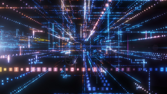 飞入数字技术隧道中3d粒子矩阵商业科学蓝色活力激光网络电脑图片