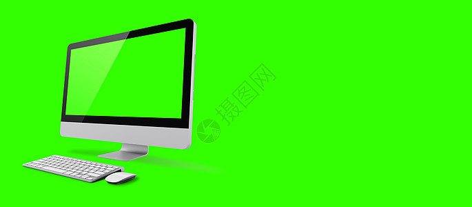 白色台式电脑的样机图像 绿色背景为空白绿色屏幕 适合您的设计元素职场展示插图工作小样老鼠键盘笔记本嘲笑框架图片