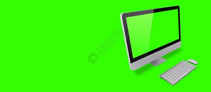 白色台式电脑的样机图像 绿色背景为空白绿色屏幕 适合您的设计元素键盘职场框架展示桌面互联网笔记本工作办公室小样图片