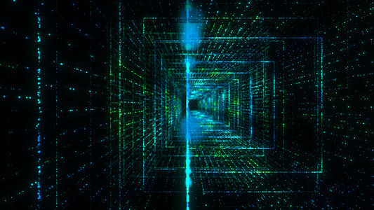 飞入数字技术隧道中粒子科学活力激光矩阵数据代码蓝色互联网背景图片