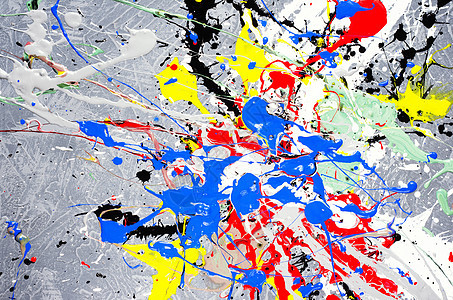 混凝土纹理表面上的白色 黑色 黄色 绿色 红色和蓝色溢出的油漆点调色板光谱艺术气泡水彩墨水印迹墙纸彩虹流动图片