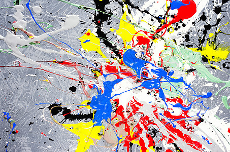 混凝土纹理表面上的白色 黑色 黄色 绿色 红色和蓝色溢出的油漆点调色板颜料染料绘画海浪流动光谱气泡技术墨水图片