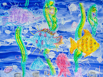 儿童绘画 水下世界 鱼类 海藻 水彩画图片