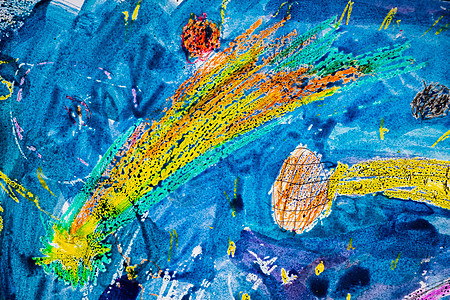 孩子们的绘画描绘了蓝色空间中的黄色彗星 横向的谷歌图片