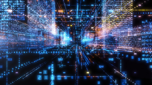 带有数字建筑的3D城市抽象全息图矩阵3d商业技术电脑互联网建筑物建筑学景观理念图片