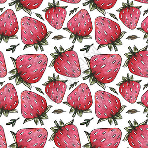 无缝模式与水色红草莓 印刷在织物上图片