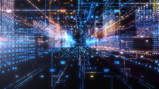 带有数字建筑的3D城市抽象全息图科技景观矩阵粒子摩天大楼代码建筑物互联网交通渲染图片