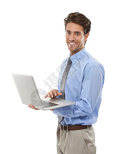 一键获取商业信息 工作室拍摄的一位年轻商务人士使用一台笔记本电脑上白色孤立图片