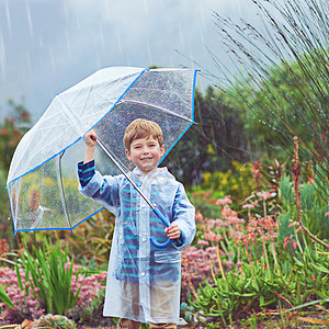 我和花园一样喜欢下雨 剪切了外面雨中一个男孩的肖像 他正站在外边图片