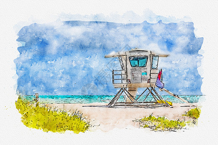 迈阿密救生员塔水彩画插图海滩草图艺术长廊海洋支撑救生员海岸线素描数字图片