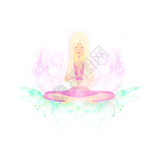 妇女练习瑜伽抽象水彩卡活力冥想太阳树叶健身房女性插图女孩宗教康复图片