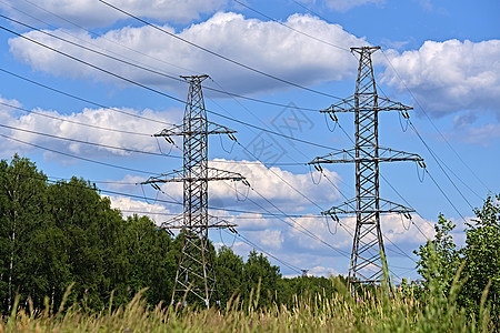 一条长长的输电塔线 上面有高压电线植物日落自然力量传播危险技术发电机工程活力图片
