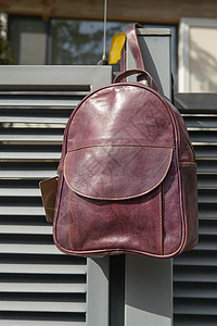 金属栅栏上的布贡迪皮背包肩膀旅行行李公文包紫色带子质量隐藏背包贮存图片