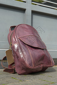 金属栅栏上的布贡迪皮背包肩膀贮存拉链口袋带子把手旅行奢华质量材料图片
