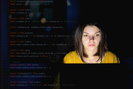 女孩晚上在笔记本电脑上工作 编码和创建项目网页信息学习程序员数据展示数字化显示器代码屏幕图片