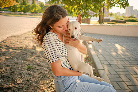 狗育种正在绿公园和主人玩耍 夏季或秋天开始 自然 宠物护理和培训概念微笑女孩女性皮带小狗动物眼睛享受友谊牧师图片