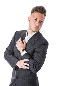 在演播室有商业西装的优雅青年男子数字套装白色男性人士商务经理工作室黑色燕尾服图片