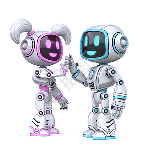 粉红可爱女孩和蓝男孩机器人 击掌5分3D图片
