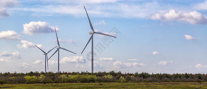 蓝天天空风力涡轮机农场的全景气候涡轮风车力量场地创新资源蓝色发电机螺旋桨图片