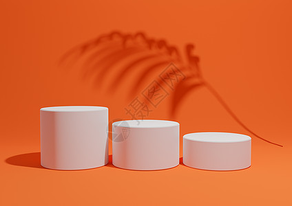 霓虹橙色 鲜红色 3D 渲染一个简单 最小的产品展示组合背景 在自然产品的背景中有三个讲台或展台和棕榈叶阴影图片