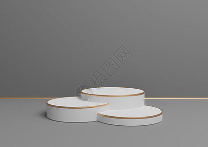 广告图深石墨灰色 黑白 3D 渲染简单的产品展示 带三个讲台或带金线的展台 用于豪华产品的最小背景组合背景