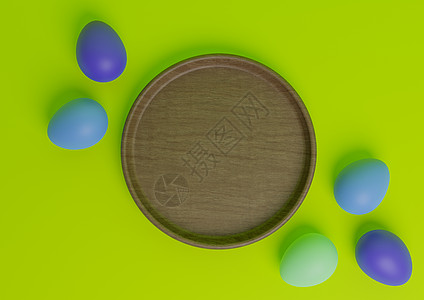 光亮 石灰 日绿色3D 在最顶视图上展示平板非活性产品显示台或与彩色复活节鸡蛋和木制小餐桌上站立图片