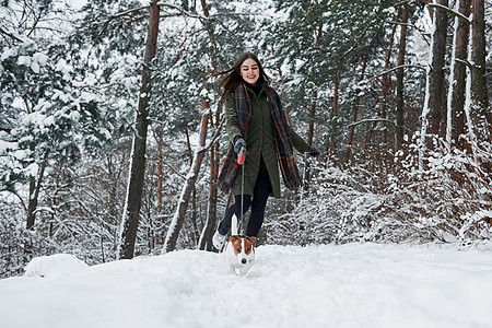 穿着暖身衣的女人在雪林里走着狗 前视线木头女孩公园动物成人宠物微笑闲暇女士友谊图片