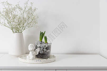 陶瓷花瓶中的满天星 白色梳妆台上玻璃花瓶中的风信子 现代斯堪的纳维亚风格内饰的视图 客厅 带花瓶的马桶 极简主义概念图片