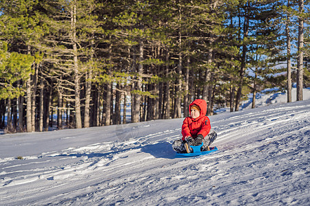 快乐和积极的小男孩享受雪橇 户外寒冷天气 冬季娱乐活动概念儿子运动微笑情感衣服闲暇高山假期季节家庭图片