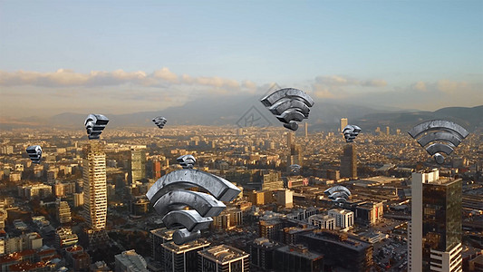 通过5G连接的空中城市 无线网络 移动技术概念 数据通信 云计算 人工智能 物联网 伊兹密尔城市天际线 未来城市托管金融上网电话图片