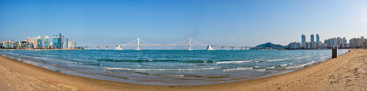 南韩釜山广谷海滩旅行云台天空风景摩天大楼城市蓝色地标建筑天际图片