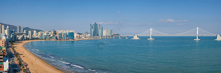 南韩釜山广谷海滩鸟瞰图云台晴天城市海滩长廊天空天际蓝色旅行图片