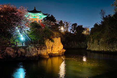 南韩济州岛晚间亮出龙燕邦与永妍馆的永延池湾照明建筑学龙渊龙渊池风景建筑凉亭反射图片