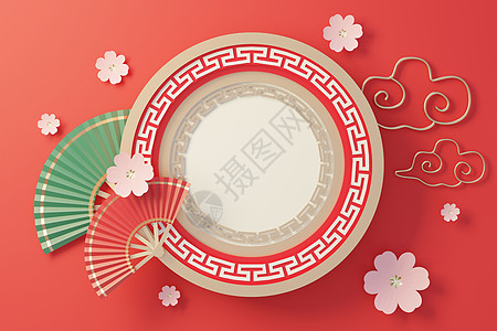 3d 将白色空圆筒框的顶部视图用于模拟和显示具有中华传统背景的产品新年奢华化妆品小样推介会十二生肖圆柱平台装饰品牌图片