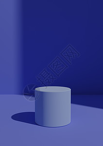 简单 最小 3D 蓝色背景 用于使用一站台或圆柱子的产品显示 从右侧有复制空间的窗口发出的亮光图片
