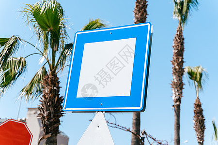 与蓝天和棕榈树的空白的空的拷贝空间蓝色和白色路牌在背景中 样机路标图片