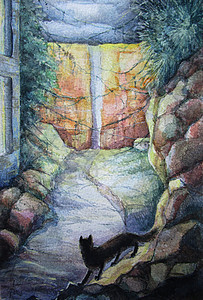 一只猫和一条路 幻想水彩画图片
