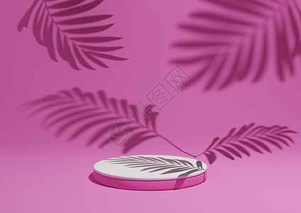 明亮的洋红色 霓虹粉色 简单 最小的产品展示组合背景的 3D 渲染 在自然产品的背景中带有登上领奖台或展台和叶子阴影图片