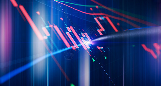 屏幕上的价格图表和笔指示数 蓝屏主题 市场波动 上升趋势与下行趋势的红绿烛台图衍生品贸易库存安全感觉性服务流动信号工具电脑背景图片