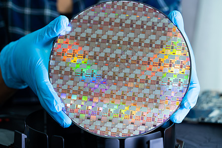 用于制造集成电路半导体的硅微粒晶圆反射母板制造业一体化宏观芯片检查科学电脑背景图片