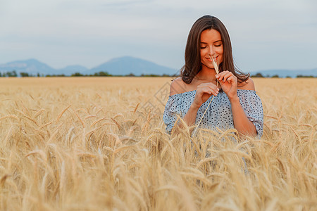 美丽的年轻女孩 留着长长的黑发 在日落时在麦田里摆姿势 她在小麦的小穗中欢欣鼓舞 她微笑着调情 淡蓝色的裙子 法国 普罗旺斯农场图片