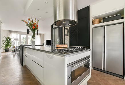 一个宽敞厨房的现代设计桌子木头花瓶地面画板装饰家具建筑学公寓兜帽图片