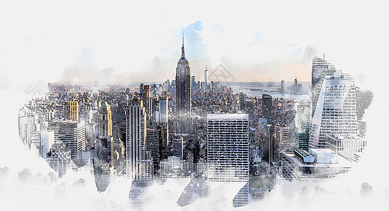 纽约全景纽约市曼哈顿中城空中全景 白天有摩天大楼和蓝天 数字水彩画背景