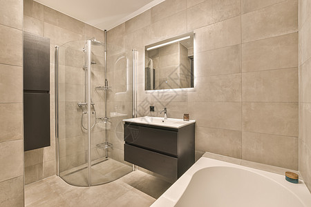 洗手间内风格卫生财产浴缸住宅镜子淋浴大理石材料卫生间图片