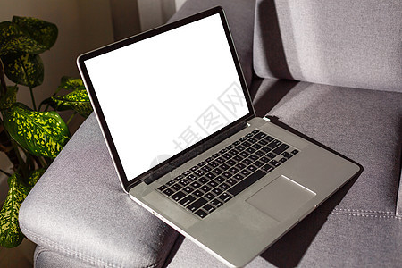 沙发上的空白屏幕膝上型电脑展示硬件木头技术笔记本职场嘲笑办公室咖啡店工作图片